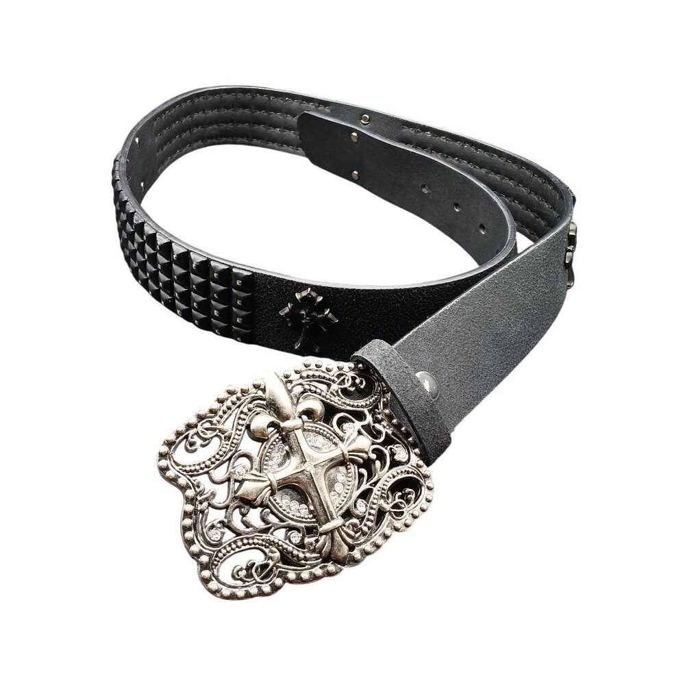 Black Leather Studded Belt with Ornate Silver Buckle and Cross Stations Size Med